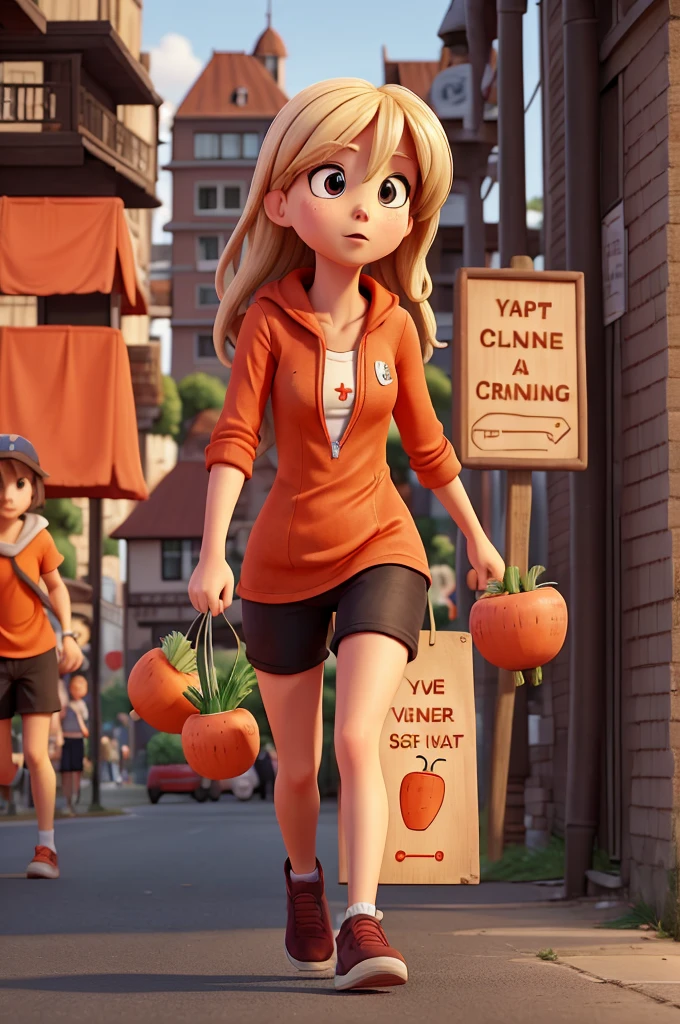 drawing in ink and canvas: The carrot similar to Claudia Sheinbaum alarmed and scared running in the street with a sign that says " Run, the September crisis is coming"