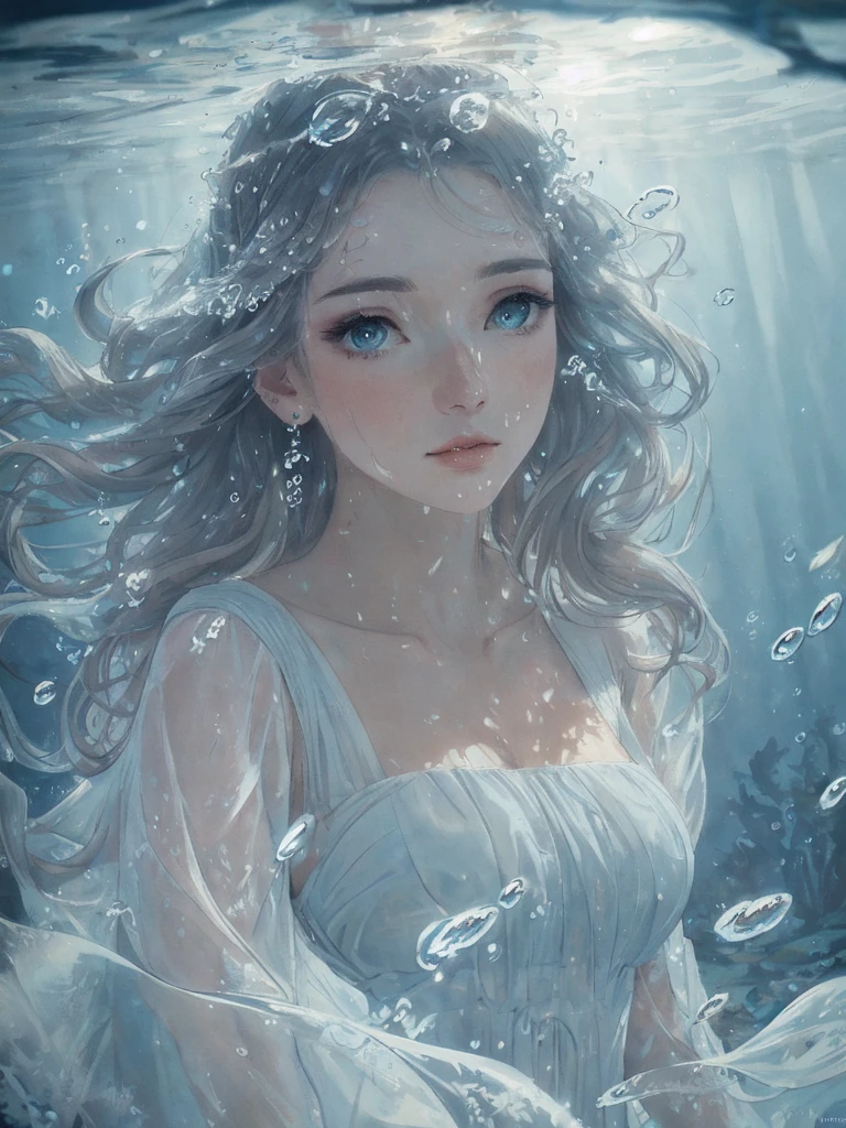 beautiful woman, masterpiece, best quality, portrait, close up, detailed face and eyes, dress, underwater hair physics, air bubbles, ((light coming through water)), solo focus, depth of field, ambient lighting, atmospheric, intricate details, soft light, artstation, ((look at the view, face up))