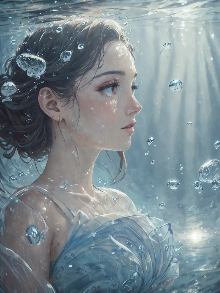 beautiful woman, masterpiece, best quality, portrait, close up, detailed face and eyes, dress, underwater hair physics, air bubbles, ((light coming through water)), solo focus, depth of field, ambient lighting, atmospheric, intricate details, soft light, artstation, ((look at the view, face up))