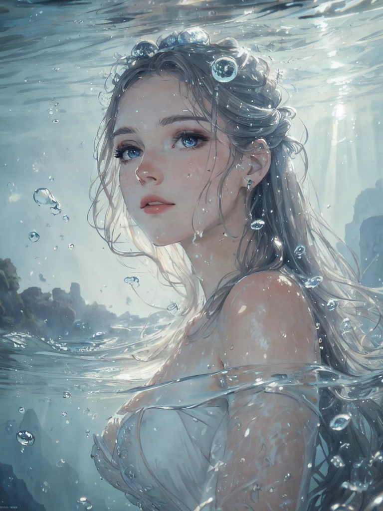 beautiful woman, masterpiece, best quality, portrait, close up, detailed face and eyes, dress, underwater hair physics, air bubbles, ((light coming through water)), solo focus, depth of field, ambient lighting, atmospheric, intricate details, soft light, artstation, ((look at the view, face up))