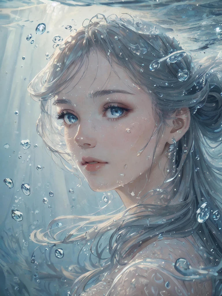 beautiful woman, masterpiece, best quality, portrait, close up, detailed face and eyes, dress, underwater hair physics, air bubbles, ((light coming through water)), solo focus, depth of field, ambient lighting, atmospheric, intricate details, soft light, artstation, ((look at the view, face up))