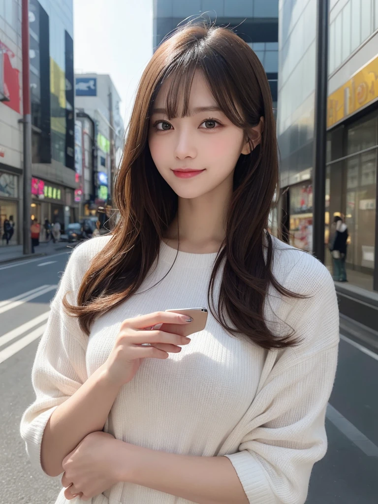 masterpiece, best quality, illustration, ultra-detailed, finely detailed, high resolution, 8K wallpaper, perfect dynamic composition, beautiful detailed eyes, Shibuya, trendy fashion, medium hair, stylish pose, smile, looking at camera, 1girl, selfie, holding_smartphone, smartphone
