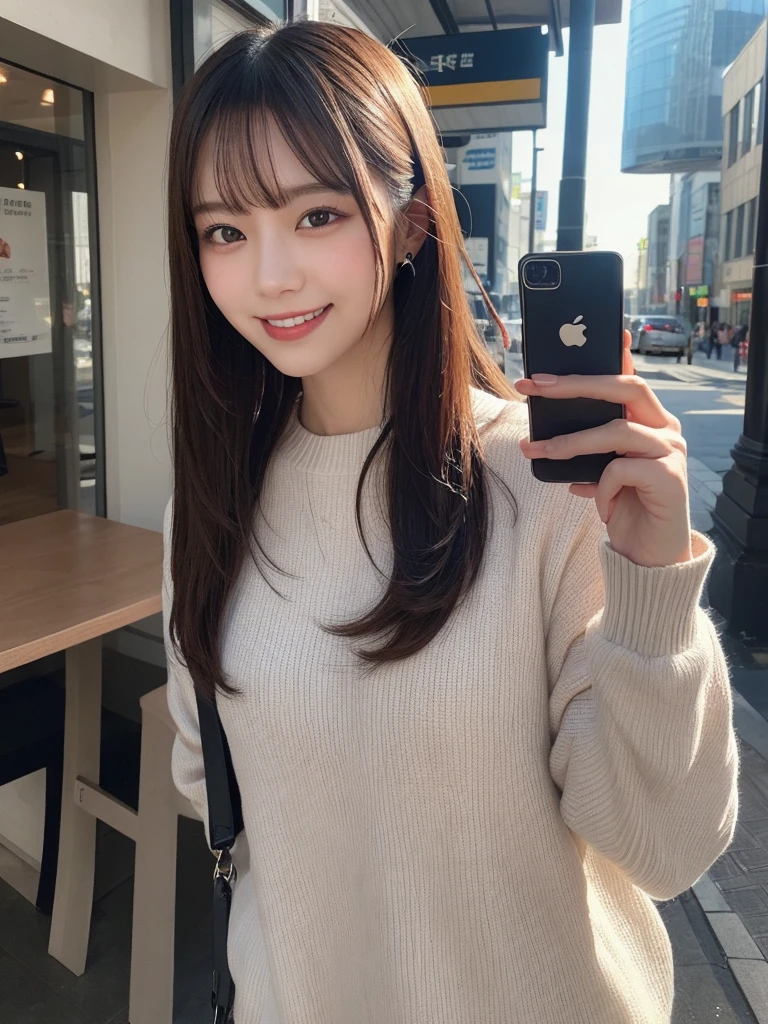 masterpiece, best quality, illustration, ultra-detailed, finely detailed, high resolution, 8K wallpaper, perfect dynamic composition, beautiful detailed eyes, Shibuya, trendy fashion, medium hair, stylish pose, smile, looking at camera, 1girl, selfie, holding_smartphone, smartphone