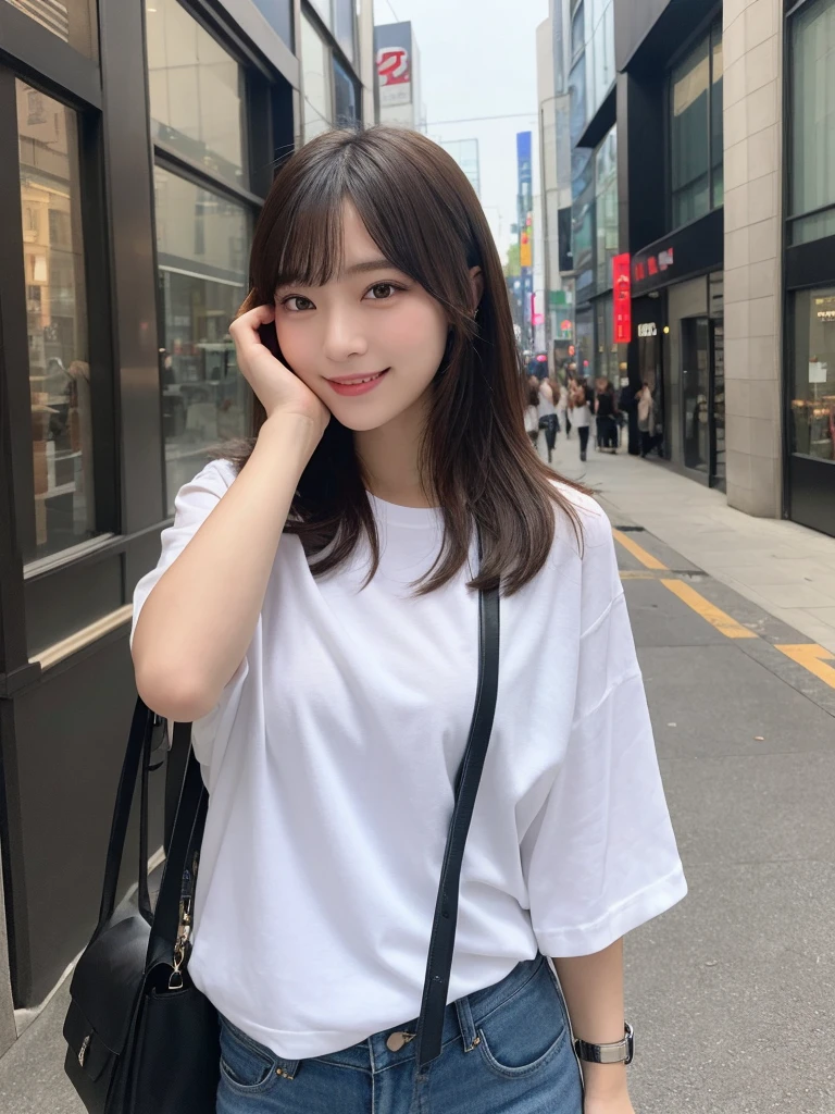 masterpiece, best quality, illustration, ultra-detailed, finely detailed, high resolution, 8K wallpaper, perfect dynamic composition, beautiful detailed eyes, Shibuya, trendy fashion, medium hair, stylish pose, smile, looking at camera, 1girl, selfie, holding_smartphone, smartphone