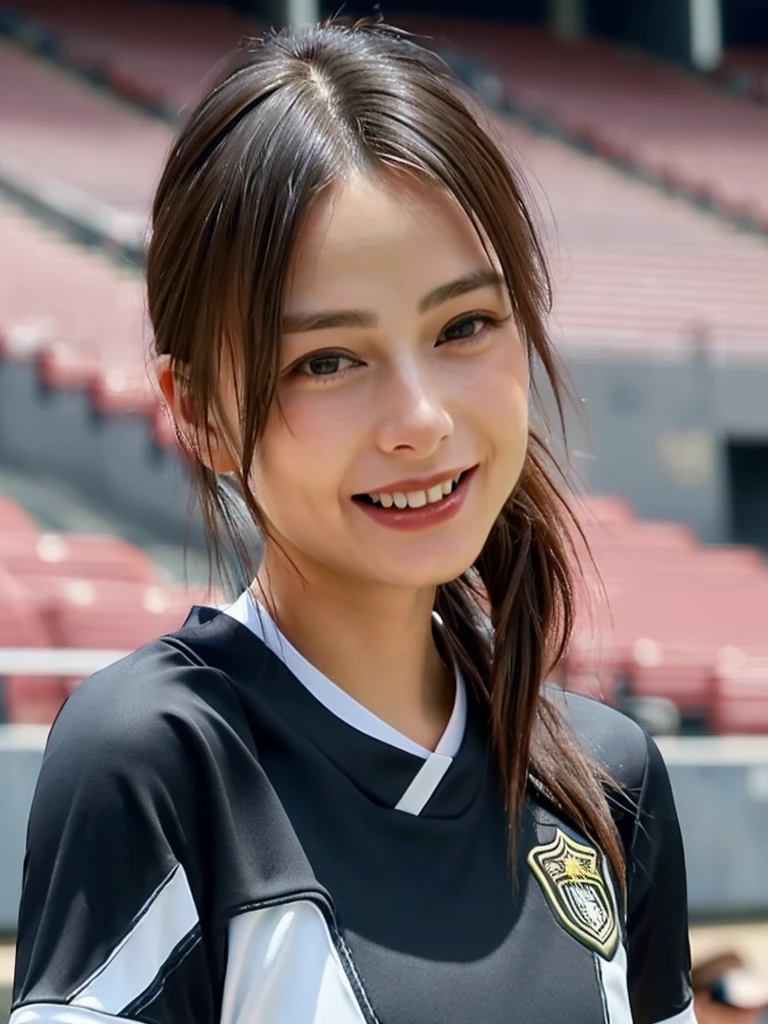 (Highest quality、8k、32K、masterpiece)、(Realistic)、(Realistic:1.2)、(High resolution)、Very detailed、Very beautiful face and eyes、1 girl、Round and small face、Tight waist、Delicate body、(close、Highest quality、Attention to detail、Rich skin detail)、(Highest quality、8k、Oil paints:1.2)、(Realistic、Realistic:1.37)、Bright colors、(((Black Hair)))、(((Cowboy Shot)))、(((Bob Hair)))、(((Football Stadium)))、(((Enthusiastic audience)))、(((Large crowd)))、(((Open your mouth)))、(((Laughter)))、(((Soccer uniforms)))、(((赤と白のSoccer uniforms)))、(((There are no lines on the sleeves)))、(((Short sleeve uniform)))、I have my arms crossed