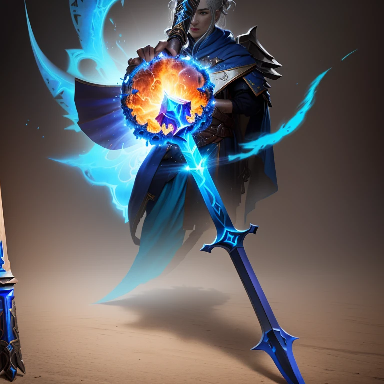 A blue fireball is drawn on the wooden stick, ax element, Fantasy RPG Weapon Art, epic Fantasy weapons art, Fantasy weapons, weapon concept art, Weapon design, warcraft blizzard weapon art, weapons concept art, role playing game project, concept art, concept art, hammer weapon, fantasy scythe, wielding a battle ax, concept artwork