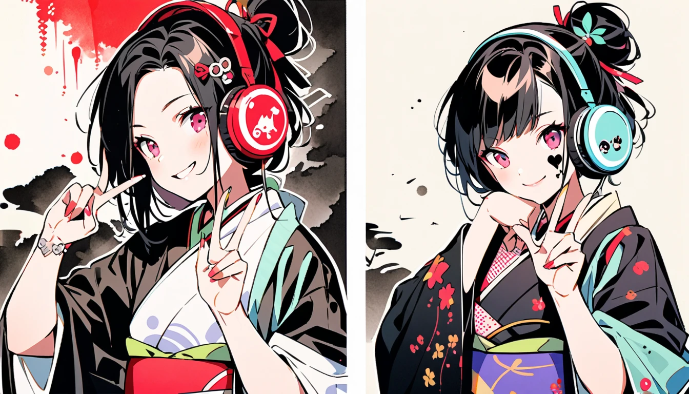 Fashion portrait color photos, (((Ink Painting))), (((One Woman))), (((Heart tattoo on face))), (((Gorgeous kimono))), sunglasses, Japanese style headphones, Two finger peace sign, Japanese beautiful girl, smile