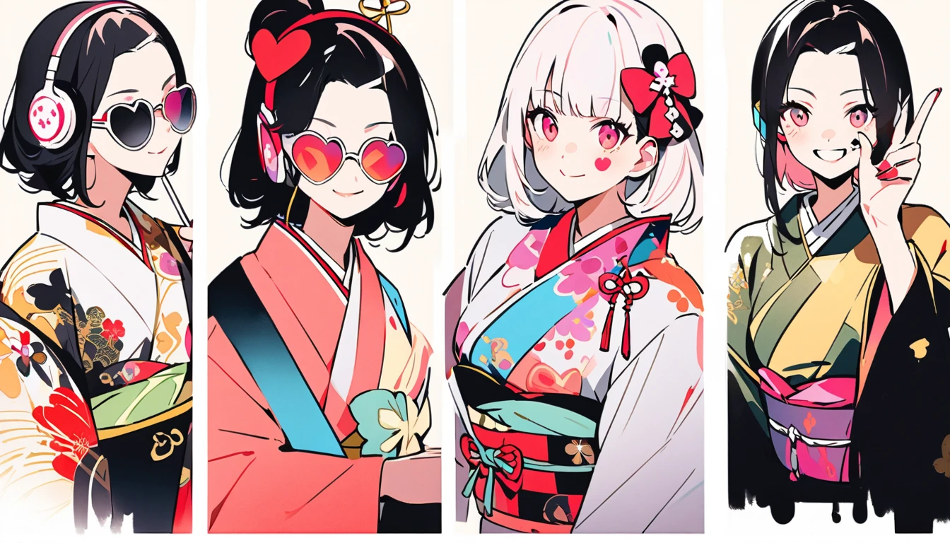 Fashion portrait color photos, (((Ink Painting))), (((One Woman))), (((Heart tattoo on face))), (((Gorgeous kimono))), sunglasses, Japanese style headphones, Two finger peace sign, Japanese beautiful girl, smile