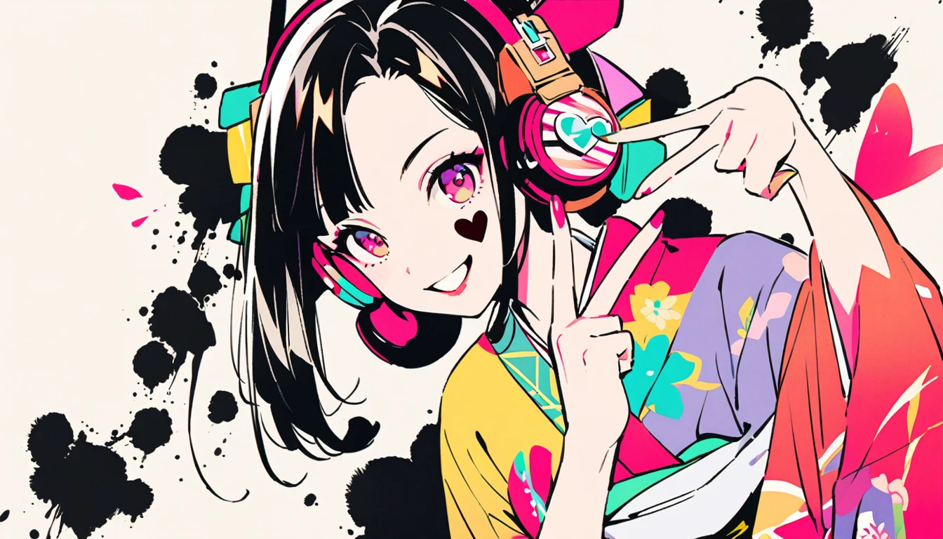 Fashion portrait color photos, (((Ink Painting))), (((One Woman))), (((Heart tattoo on face))), (((Gorgeous kimono))), sunglasses, Japanese style headphones, Two finger peace sign, Japanese beautiful girl, smile