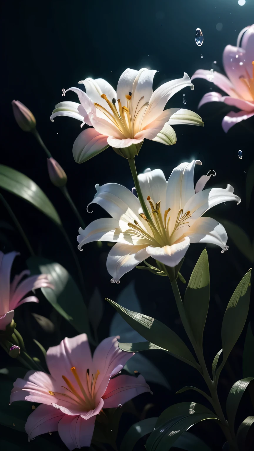 ((Lily flower)), Ultra-transparent, Holy Light, beautiful spectral Light, Petals Shine, Blink, Dark Background, drops of transparent Light, reflective Light, bright, Light streaming in, Optics, Sharp focus, Magic, Complex, Surreal, Fantasy Composition, Light, Art Station Trends, pearl, Silvery steam guardian cloud, Caustic Enveloped Ray, 8k, ureal ar 23v4 upLight