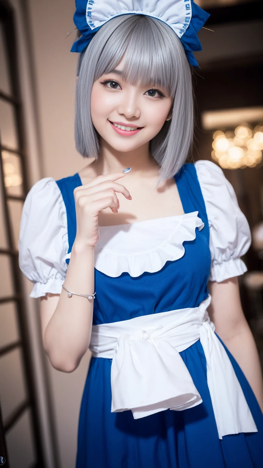 ((16 Nights Sakiya)), ((Touhou Project)), Cosplay, 20-year-old woman, (((gray hair)), ((medium spiky hair)), ((blue maid outfit)), ((white blouse)), midchest, (light)))), (pose))), (photorealistic photo: 1.3), rim lighting, (high detail skin:1.2), 8K UHD, dslr, high quality, high resolution, 4K, 8K, Bokeh, Absurdity, Best ratio four fingers and one thumb, (Real:1.3), Cutest 1 Girl, Lots of Knives