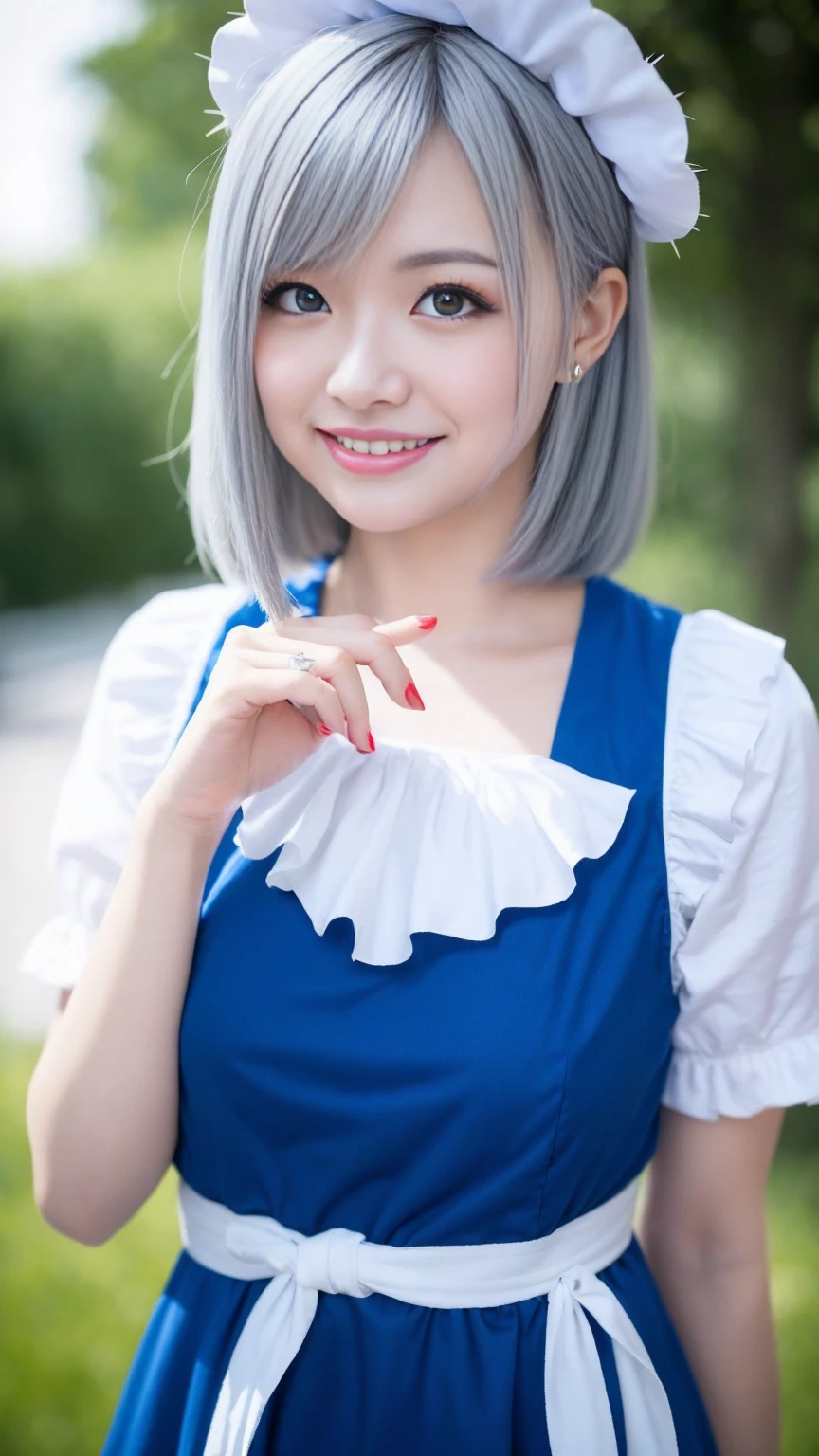 ((16 Nights Sakiya)), ((Touhou Project)), Cosplay, 20-year-old woman, (((gray hair)), ((medium spiky hair)), ((blue maid outfit)), ((white blouse)), midchest, (light)))), (pose))), (photorealistic photo: 1.3), rim lighting, (high detail skin:1.2), 8K UHD, dslr, high quality, high resolution, 4K, 8K, Bokeh, Absurdity, Best ratio four fingers and one thumb, (Real:1.3), Cutest 1 Girl, Lots of Knives