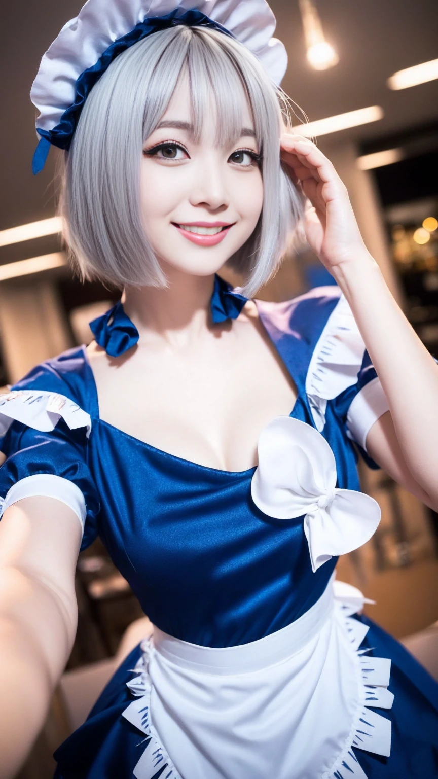 ((16 Nights Sakiya)), ((Touhou Project)), Cosplay, 20-year-old woman, (((gray hair)), ((medium spiky hair)), ((blue maid outfit)), ((white blouse)), midchest, (light)))), (pose))), (photorealistic photo: 1.3), rim lighting, (high detail skin:1.2), 8K UHD, dslr, high quality, high resolution, 4K, 8K, Bokeh, Absurdity, Best ratio four fingers and one thumb, (Real:1.3), Cutest 1 Girl, Lots of Knives