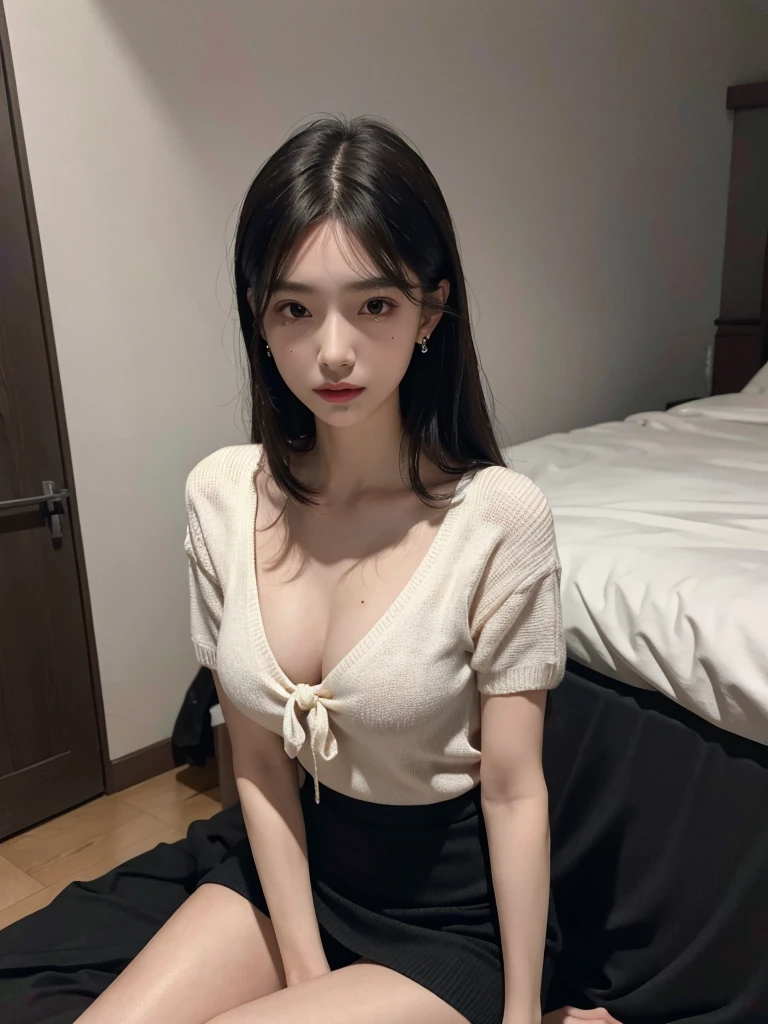 absurdres, RAW photo, extremely delicate and beautiful, masterpiece, Best Quality, ultra high resolution, 32k, hyperrealistic, ultra-detailed, perfect anatomy, anatomically correct, perfect figure, Perfect Style, Perfect balance, super Detailed skin, in her 20s, very Slim body, narrow waist, very small head, very small face, delicate facial features, tearful mole, earring, very huge round breasts, whole body shot, whole legs, medium hair, asymmetrical hair, indoor, knitted shirt, skirt, tie,