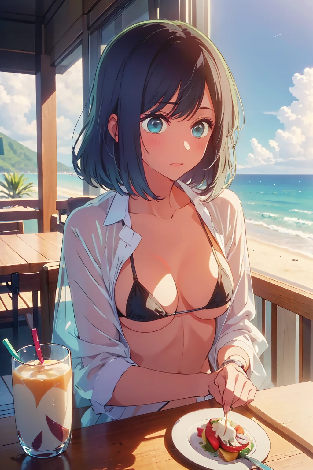 (Highest quality:1.4、masterpiece:1.4、Super detailed:1.4、8k:1.4)、((((1 person、Surprised expression、sit、Cafe Terrace、coastal、juice、table、Sandy Beach、juiceのグラスを持つ、See-through jacket、Very soft 、Big eyes、Very cute face))))、(big Areolas protrude from micro bikini:1.4)、F cup bust、Medium breast、Underboob