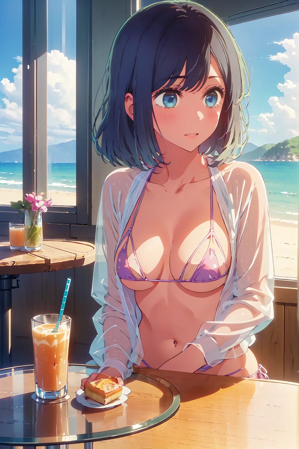(Highest quality:1.4、masterpiece:1.4、Super detailed:1.4、8k:1.4)、((((1 person、Surprised expression、sit、Cafe Terrace、coastal、juice、table、Sandy Beach、juiceのグラスを持つ、See-through jacket、Very soft 、Big eyes、Very cute face))))、(big Areolas protrude from micro bikini:1.4)、F cup bust、Medium breast、Underboob