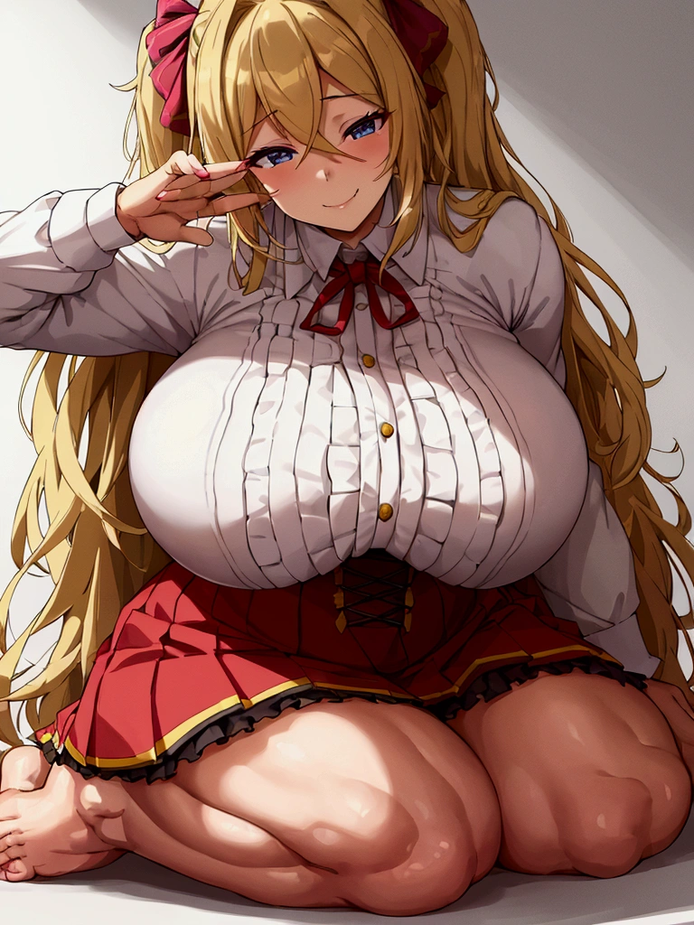 {full body},{{wariza}},seiza,sitting,foot focus,from below,looking down, dynamic cut,dynamic angle,foot focus,naughty smile,very muscular,very muscle,very big breasts,very curvy,very big woman,two side up,blonde hair,barefoot,cute dress shirt frills ribbon split corset skirt,1 woman,best quality,masterpiece,white background,