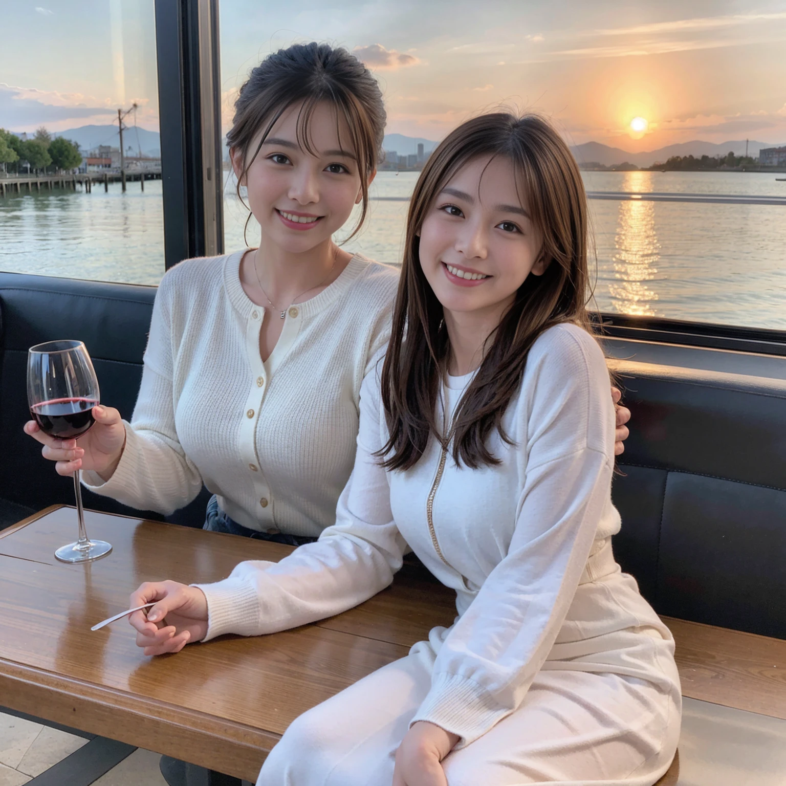 ((Highest quality、8k、masterpiece:1.3))、1 male 1 female、37 years old 39 years old、Slim Beauty、Beautiful couple、Upper Body、smile、 (Slim face), (The body is スリム), (Brown Hair), (Shortcuts), テーブルのフルコースディナーとwine glass、Amazing view of the sunset sky and clouds、smileの美しさ、Wine bottle、sparkling wine、Long sleeve shirt、dress、White wine, red wine, wine glass, Beautiful fine grain, Depth f/2,saturation, High Contrast, Strong light and shadow,Moist Body:1.5、3D texture、The hair is very shiny、