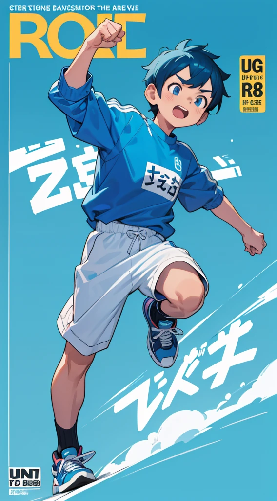 A bright blue dog-themed character, Wearing big sneakers, サイバーパンク, Magazine Cover, Simple Background, Running around, boy, raised fist, projected inset, UHD, best quality, highres, 8k