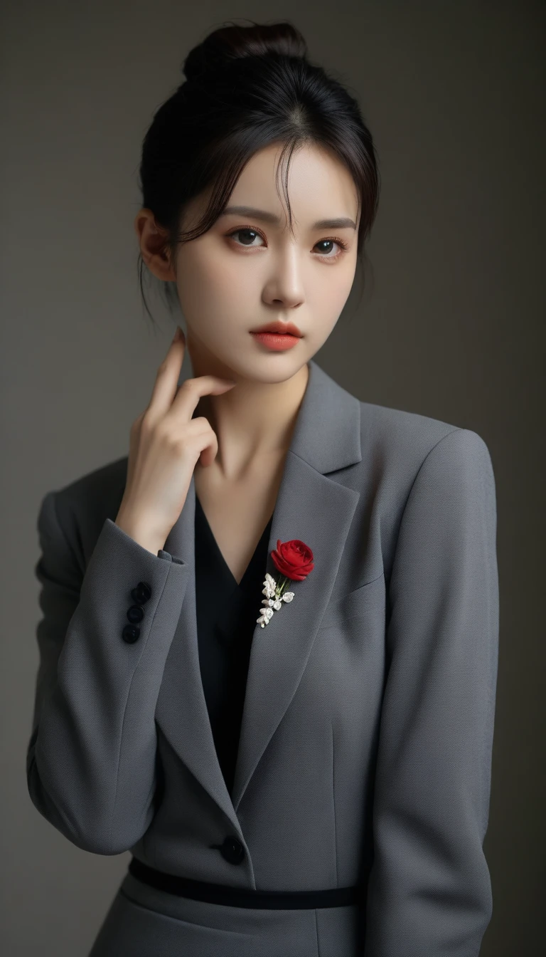8k, Ultra-high resolution, Highest quality, masterpiece, 三分割法によるphotograph,Surreal, photograph, 1 Girl, (40 years old:1.3), pretty girl, Cute Face, Beautiful eyes in every detail, 細かくdetailedに,masterpiece,One Girl:1.2,Mature Woman,full body,sad,streaming tears,Black short hair,Messy bun hair,(black suit:1.3),Nun's clothing,Black Pencil Skirt,(印象派の美しい少女のPortraiture), (Gray background:1.3),(Impressionist light and colour),Dedication to God,Black Stockings,Stiletto pumps,Realistic Skin, Perfect and beautiful face ,完璧でCute Face, Skin with attention to detail, Perfect limbs、Narrow waist,Looking at the audience、beauty,Long neck,clavicle,(((Ideal body type))),A cup small breasts :2,Portraiture:2,Perfect Anatomy,鮮明なdetailed,detailed,Surreal,Light and shadow,spotlight