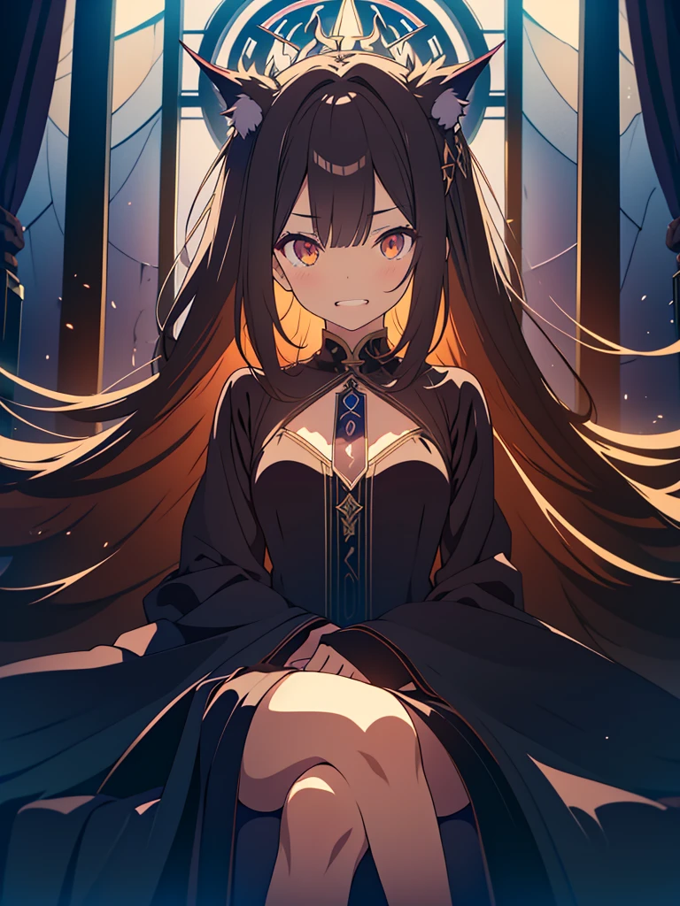kawaii, anime, Cute, hyper quality, highly detailed, 8k, Clarity,  with glowing green eyes, dark brown long hair, Dark Demon King, devil's peak, black eagle wings on the back, Throne room of the abyss, Crystal pillars reaching to the sky, dark sky, hellfire, sit cross-legged on the throne, wield a cane in one's hand, Draw facial expressions in detail, Showing succubus fangs with a creepy expression, Draw the whole body with a drawn composition, grin fearlessly, Wear an aura of darkness, ominous sky, Inciting point of view, to intimidate, Overwhelming, Stained glass, brandish a cane, dark magic effects, dark fog drifts, cross your legs, cross your legs, Right eye is glowing, 