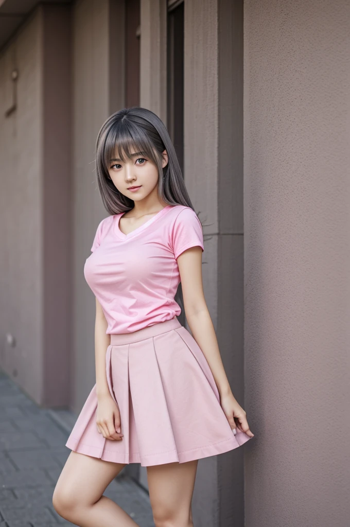 anime girl age 18-19 year old height 155 cm, medium sized breasts, half-demon, grey skin tone, grey eyes, red-pink color horn, pink shirt and pink skirt with pink shoes.