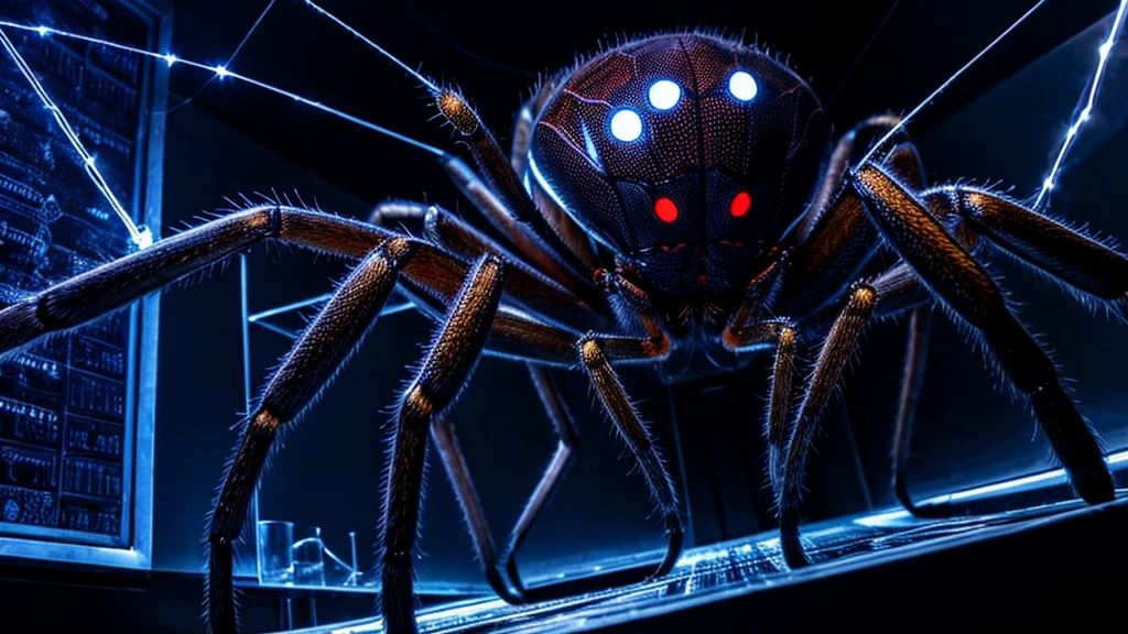 a cool science lab, many big spider, dark themed background,electrics,