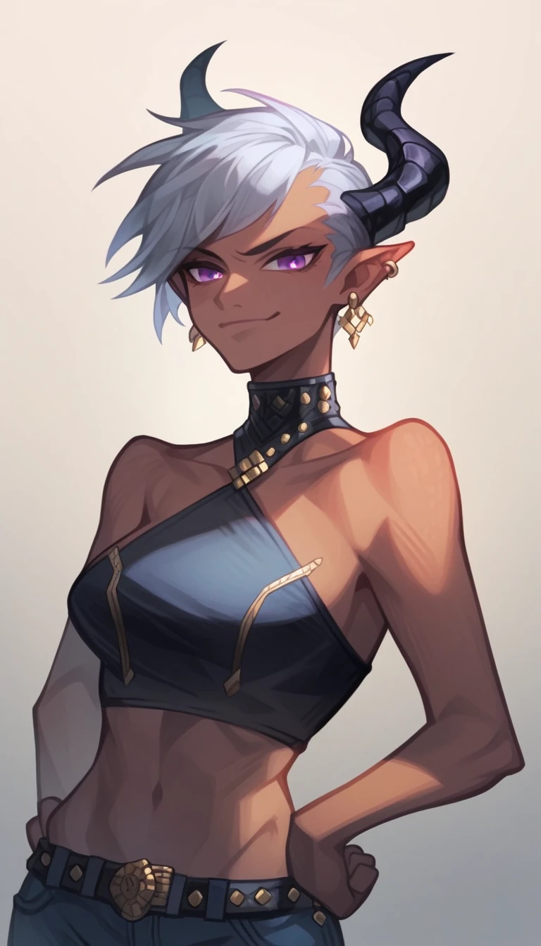 Dark-skinned tomboyish woman, black dragon horns on head, short puffy silver hair, violet eyes, long pointy ears, dragon scales on body, gold earrings, calm smirk, white cropped halter top, dark blue jeans, black and silver studded belts, jean chains, hands on hips, powerful pose, dark gradient background, detailed face, 1girl