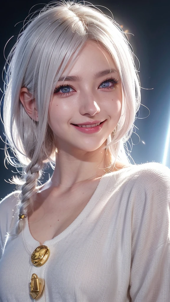white hair, mole under eye, mismatched sclera, heterochromia, blush, shy, laughing, bell, ray tracing, god rays, backlighting, glowing light, anime style