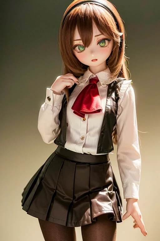 (SFW:2), photorealistic, realistic photo, 8k, ((highest quality)), ((masterpiece)), (extremely detailed), kukolnydom, doll, (mature woman, 21yo, 21 years old, solo:1.6), (cowboy shot, standing, slim, slender, skinny, medium breasts, hairband, ascot, vest, blouse, long ???? sleeves, pleated skirt, black pantyhose, green eyes, brown hair, long hair, plastic skin, looking at another, glass eyes, gradient eyes, shining eyes, detailed eyes:1.3)