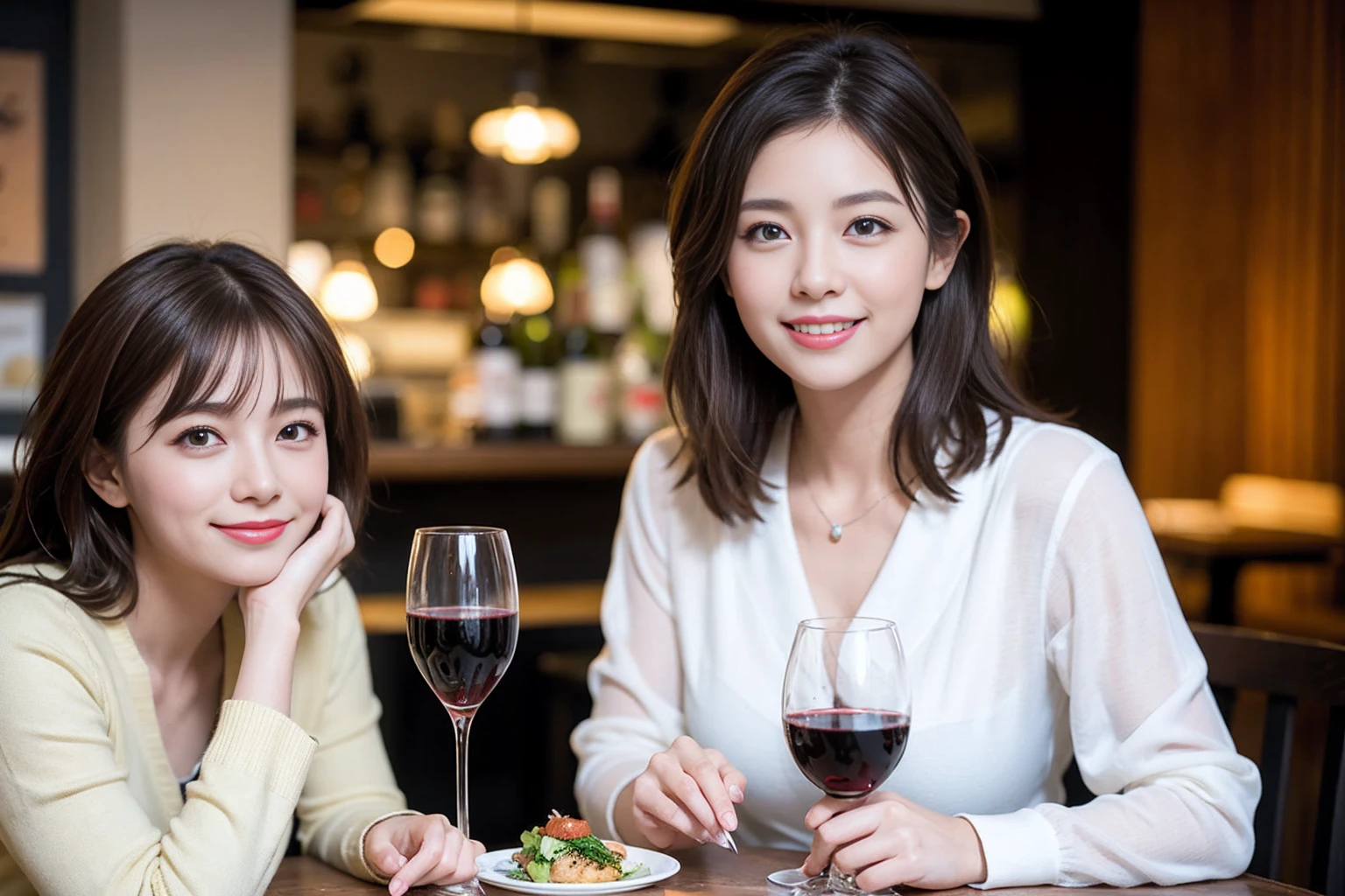 ((Highest quality、8k、masterpiece:1.3))、slimカップル、modelカップル、(Realistic, Intricate details:1.2), full-course dinner、Wine Party、Amazing view of the sunset sky and clouds、A bright smile、The wonderfulness of smile、Bright image、The beauty of wine, Beautiful Face, blue eyes, The light shines on your face, blush, short hair,Bright Face、 (Age 37), 39 years old, red wine 、Appetizers、Italian food、Wine bottle、Champagne、sparkling wine、Two beauties、Brown Hair、Shortcuts、Long sleeve shirt、dress、Beautiful woman 1, (slimな顔), (The body is slim), (Brown Hair), (Shortcuts), cheeks turn a little red,Attractive beauty、restaurant, In a prominent place (From the waist up) Nova Frog Style, actress, model, Upper Body, White wine, slim, wine glass, 中央に置かれたwine glass, smile, (smile: 1.15), Beautiful fine grain, Depth f/2,saturation, High Contrast, Strong light and shadow,Moist Body:1.5、3D texture、Delicate eyes、Brown Hair、The hair is very shiny、