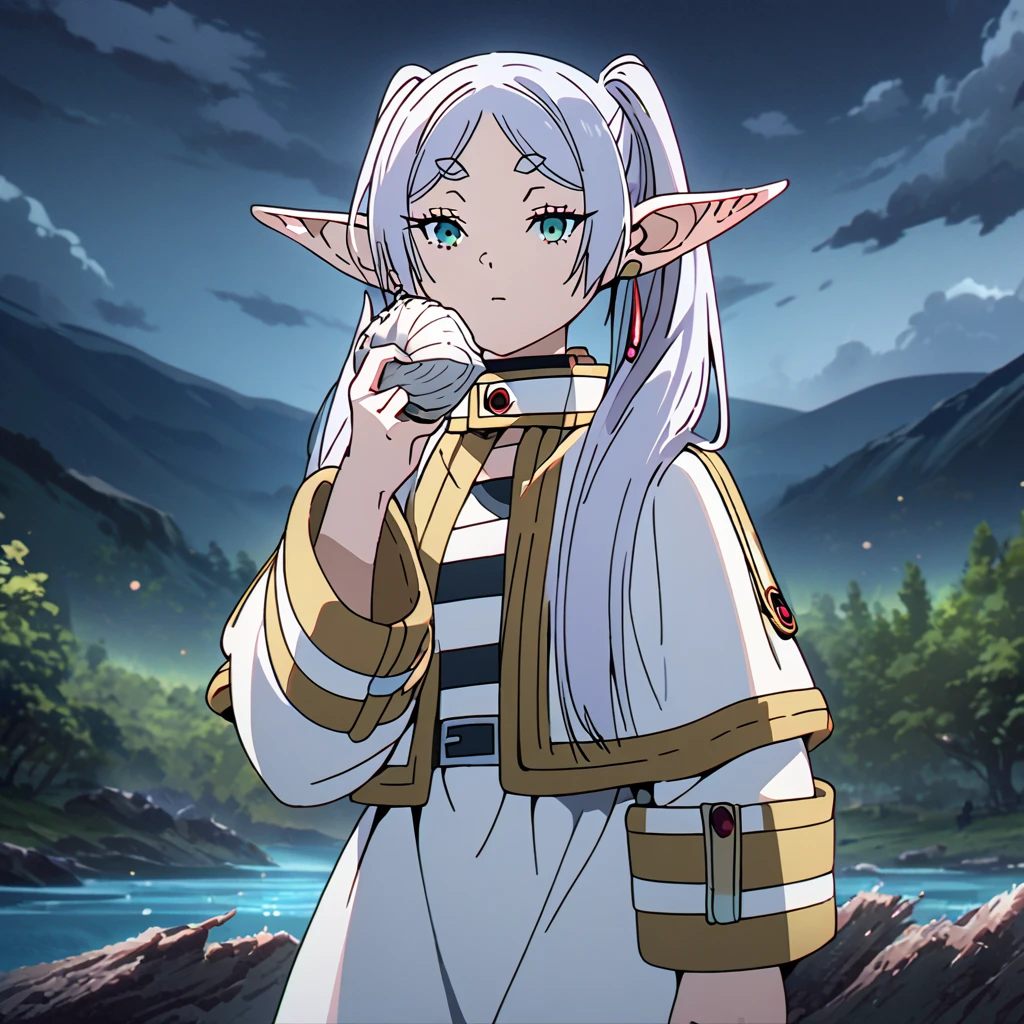 masterpiece, best quality, 4k、2D illustration, one beautiful girl, solo, frieren, pointy ears, elf, earrings, twintails, parted bangs, grey hair, thick eyebrows、((Serious Situations))、((serious face))、speaking something, ((long beautiful hair)), , standing, beautifully detailed eyes、((looking at viewer)), ((a conch shell in her hand)), ((sousou_no_frieren))、((close up shot))、((wilderness background))、((night))、((cloudy sky))、 