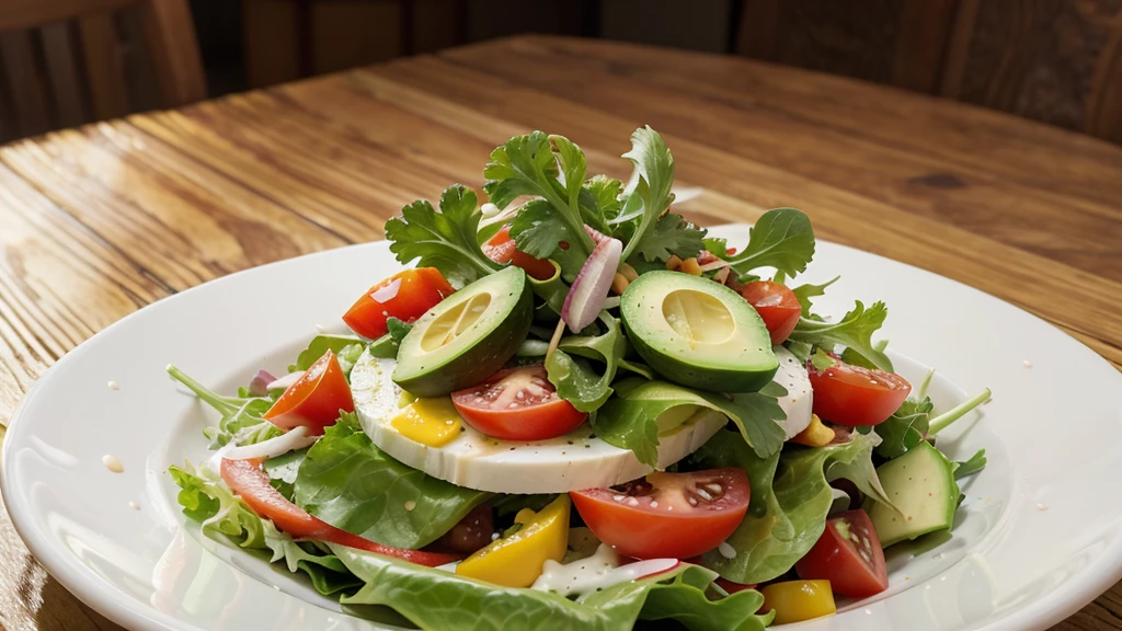 imagine a food-themed mobile wallpaper capturing the vibrant colors and textures of a delicious salad, with crisp lettuce, juicy tomatoes, creamy avocado slices, and tangy dressing. --ar 16:9 --stylize 350 --style raw --v 6