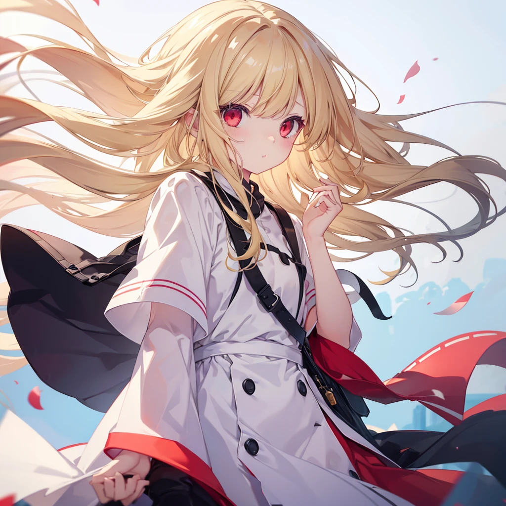 One girl, Long Hair, High resolution, Gaze, Food, Blonde, Simple Background, Illustration, Hair blowing in the wind, Deco bangs, Red eyes, Sad, cute