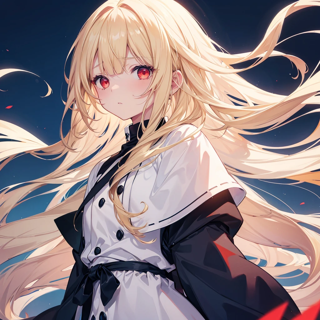 One girl, Long Hair, High resolution, Gaze, Food, Blonde, Simple Background, Illustration, Hair blowing in the wind, Deco bangs, Red eyes, Sad, cute