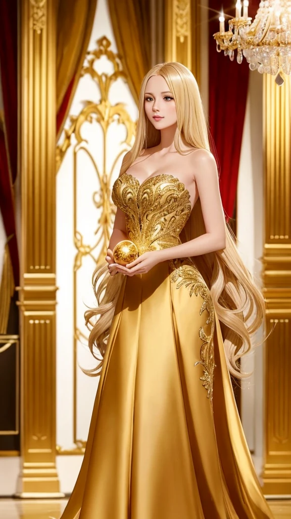 A beautiful woman with long blonde hair wearing a glamorous golden dress standing in an elegant, dimly lit room holding a glowing golden orb in her hand A place with luxurious décor and warm lighting exuding a magical atmosphere and elegance A confident woman、A captivating expression and a quiet yet powerful presence