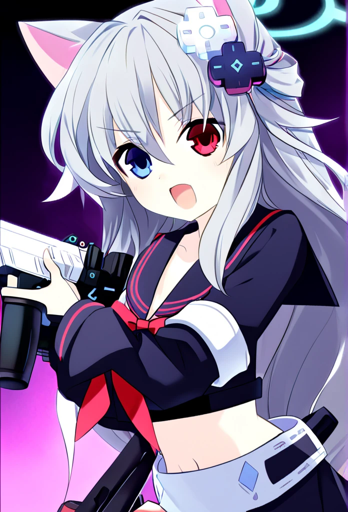 ((1girl)), ((grey hair)), cute, a female anime character holding two guns,【 sciart 💙💜 mson, coilgun, wavy long hair, cat-eared headset with neon light purple color, heterochromia eyes (blue eyes, red eyes), ((black and dark blue outfit)), white ornaments, red skirt, grey wavy hair, hair ornaments, dark blue opened cyberpunk jacket with red lines, navel showing black sailor uniform, grey sailor collar, black shirt, short sleeves)), midriff, black miniskirt