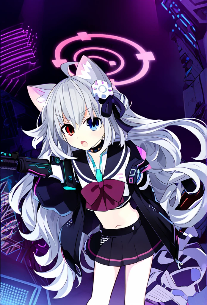 ((1girl)), ((grey hair)), cute, a female anime character holding two guns,【 sciart 💙💜 mson, coilgun, wavy long hair, cat-eared headset with neon light purple color, heterochromia eyes (blue eyes, red eyes), ((black and dark blue outfit)), white ornaments, red skirt, grey wavy hair, hair ornaments, dark blue opened cyberpunk jacket with red lines, navel showing black sailor uniform, grey sailor collar, black shirt, short sleeves)), midriff, black miniskirt