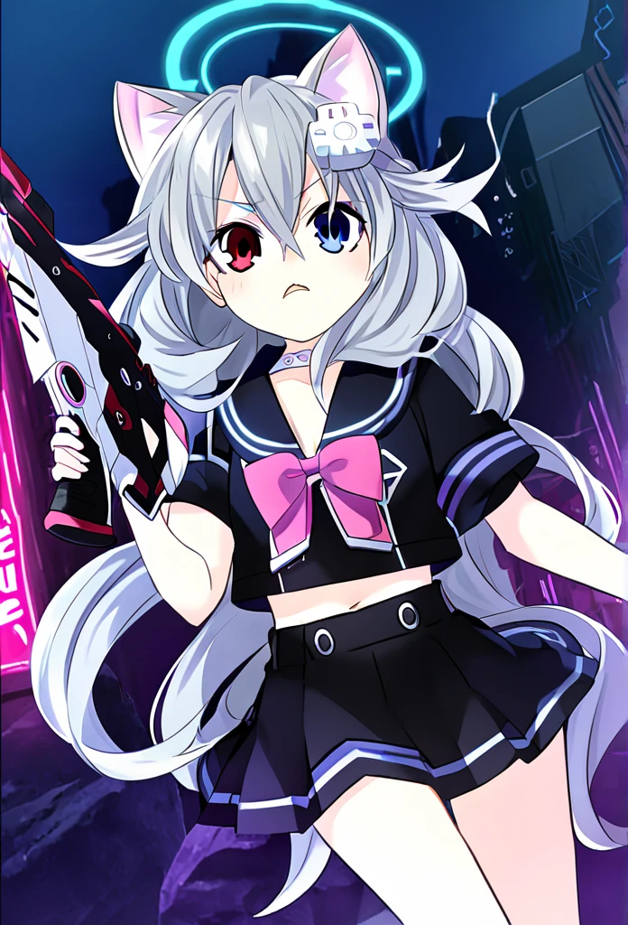 ((1girl)), ((grey hair)), cute, a female anime character holding two guns,【 sciart 💙💜 mson, coilgun, wavy long hair, cat-eared headset with neon light purple color, heterochromia eyes (blue eyes, red eyes), ((black and dark blue outfit)), white ornaments, red skirt, grey wavy hair, hair ornaments, dark blue opened cyberpunk jacket with red lines, navel showing black sailor uniform, grey sailor collar, black shirt, short sleeves)), midriff, black miniskirt