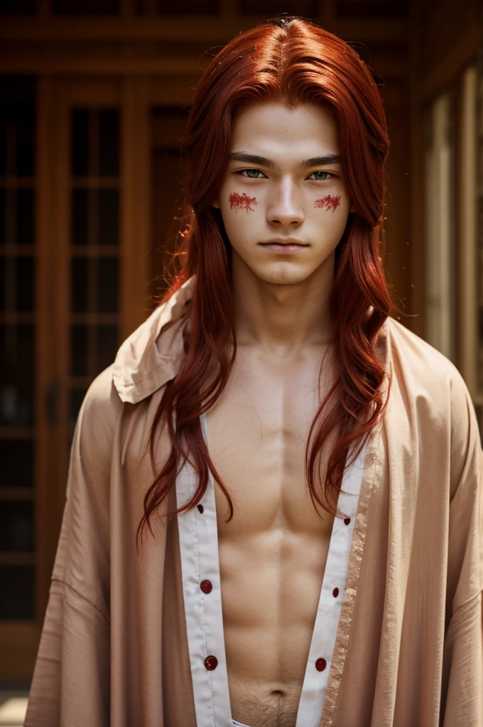 A 17 year old young man,long wine red hair,a scar on the eye,and two marks on each cheek,with features of a kitsune,anime style  