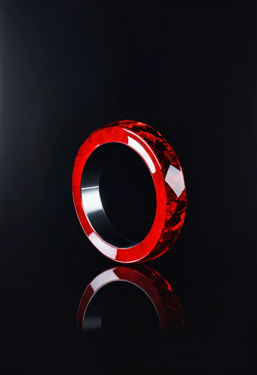 painting of a a ring with a red stone lies on a black mirror, black background. Inspiration, cinematic scene, volumetric lights, ultra realistic, in the style of nicola samori
