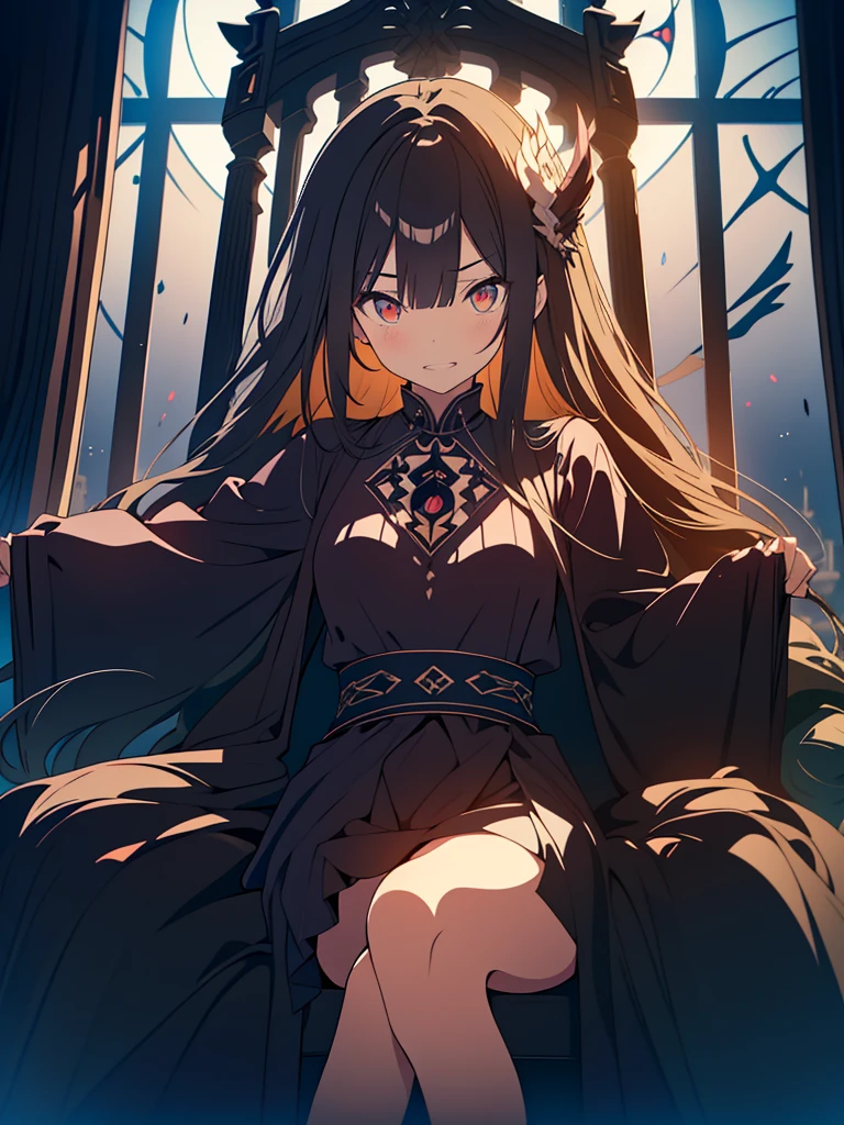 kawaii, anime, Cute, hyper quality, highly detailed, 8k, Clarity, with glowing green eyes, dark brown long hair, Dark Demon King, devil's peak, black eagle wings on the back, Throne room of the abyss, Crystal pillars reaching to the sky, dark sky, hellfire, sit cross-legged on the throne, wield a cane in one's hand, Draw facial expressions in detail, Showing succubus fangs with a creepy expression, Draw the whole body with a drawn composition, grin fearlessly, Wear an aura of darkness, ominous sky, Inciting point of view, to intimidate, Overwhelming, Stained glass, brandish a cane, dark magic effects, dark fog drifts, cross your legs, cross your legs, Right eye is glowing,