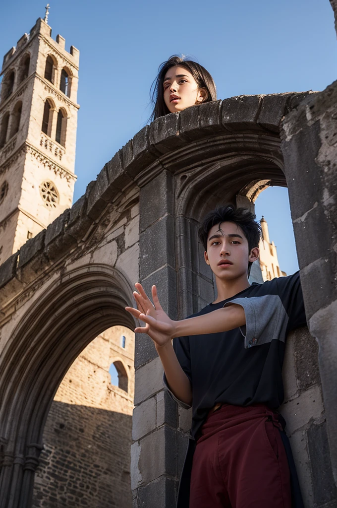 A 19-year-old boy with dark hair and clear eyes waving his hands toward the sky from a medieval tower.