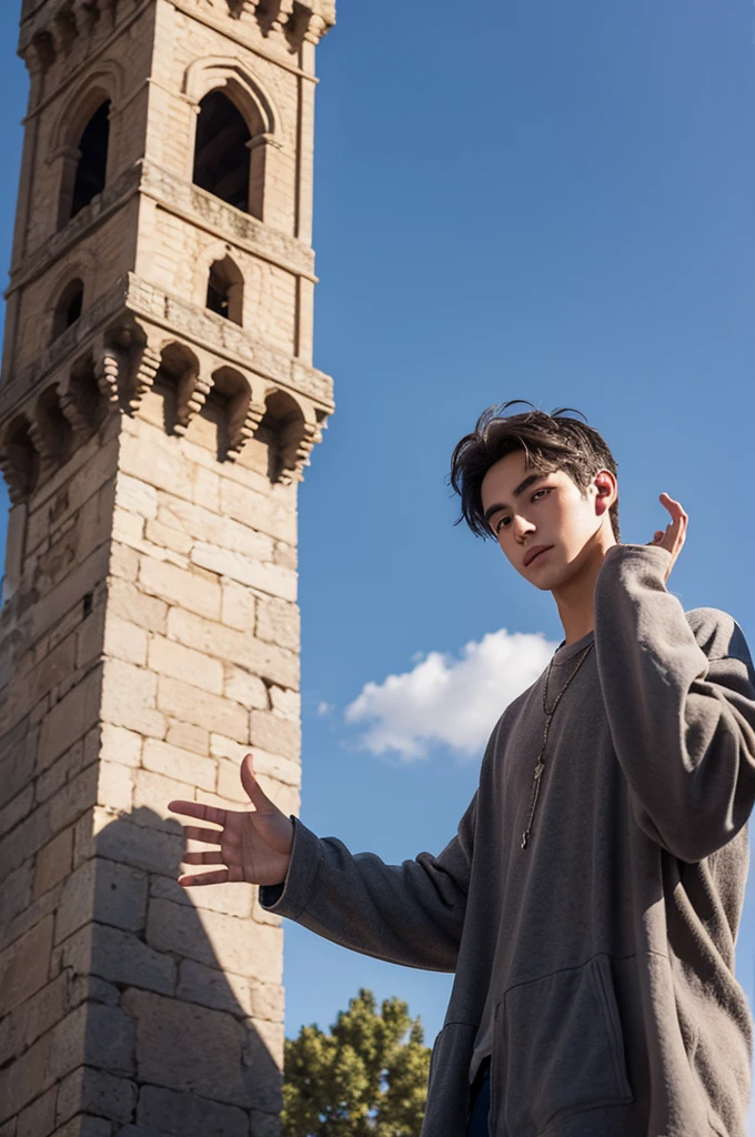 A 19-year-old boy with dark hair and clear eyes waving his hands toward the sky from a medieval tower.