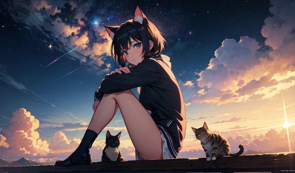 Anime cat-eared girl sitting on a shelf and looking at the sky, Anime drawings inspired by Makoto Shinkai, Popular on pixiv, Space Art, Cyril Rolland, 4k anime wallpaper, Anime Art Wallpapers 8K, anime art wallpaper 4k, anime wallpaper 4k, anime wallpaper 4k, anime wallpaper 4k