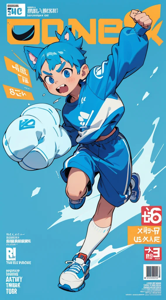 A bright blue dog-themed character, Wearing big sneakers, サイバーパンク, Magazine Cover, Simple Background, Running around, boy, raised fist, projected inset, UHD, best quality, highres, 8k