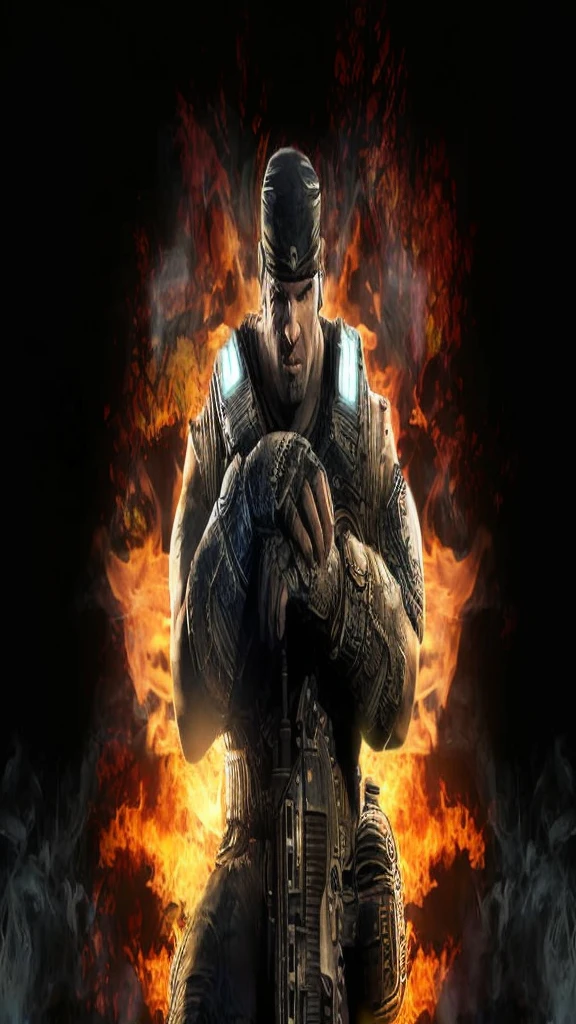 marcus_fenix, (muscular:1.1), fire, mountain, lava, fold, beard, armor, holding a gun, black bandana, long pants, looking at viewer, dramatic