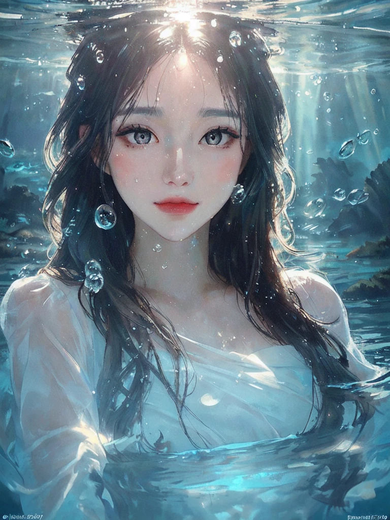 beautiful woman, masterpiece, best quality, portrait, close up, detailed face and eyes, dress, underwater hair physics, air bubbles, ((light coming through water)), solo focus, depth of field, ambient lighting, atmospheric, intricate details, soft light, artstation, ((look at the view, face up))