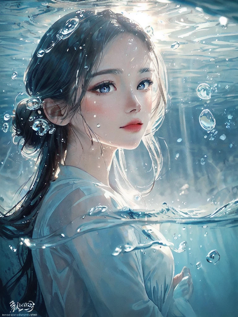 beautiful woman, masterpiece, best quality, portrait, close up, detailed face and eyes, dress, underwater hair physics, air bubbles, ((light coming through water)), solo focus, depth of field, ambient lighting, atmospheric, intricate details, soft light, artstation, ((look at the view, face up))