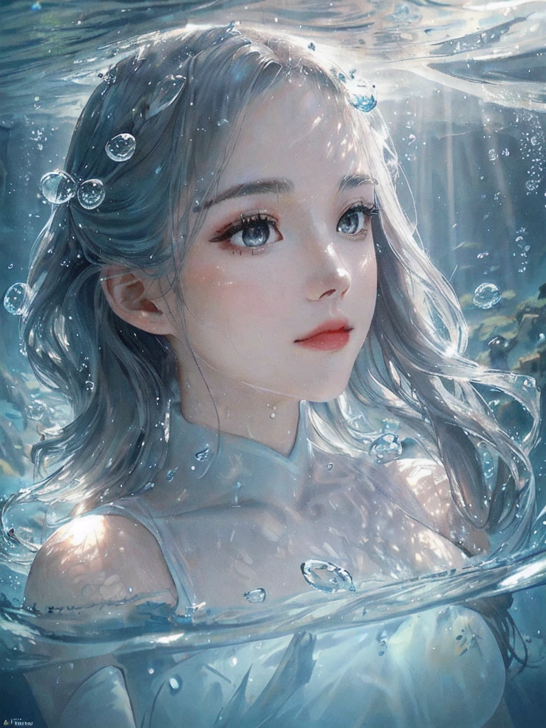 beautiful woman, masterpiece, best quality, portrait, close up, detailed face and eyes, dress, underwater hair physics, air bubbles, ((light coming through water)), solo focus, depth of field, ambient lighting, atmospheric, intricate details, soft light, artstation, ((look at the view, face up))